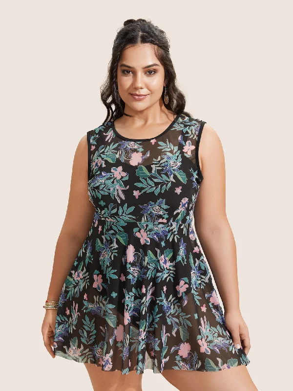 U Neck Tropical Print See Through Swim Dress Chic Beach Cover-Up
