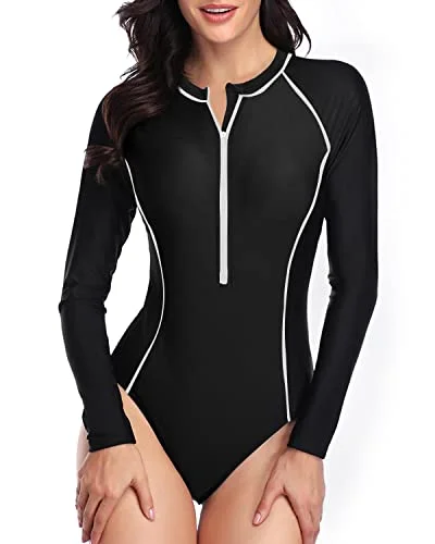 UPF 50+ Long Sleeve Rash Guard One Piece Swimsuit Zipper Closure for Women Strappy Back Bikini