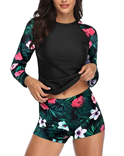 Uv Upf 50+ Two Piece Rash Guard Long Sleeve Swimsuit For Women-Black Floral Floral Print Swimsuit