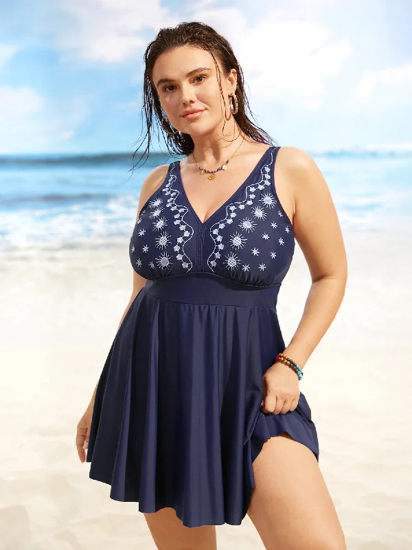 V Neck Moon & Star Embroidered Gathered Swim Dress Swimsuit with Skirt