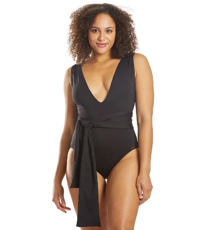 Vince Camuto Tropic Tones Belted Plunge One Piece Swimsuit Black Sporty Racerback Swimsuit