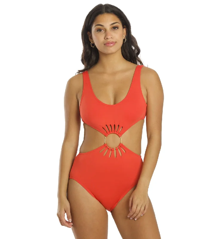 Vince Camuto Women's Serengeti Shades Logo Ring Cut Out Scoopneck One Piece Swimsuit Red Sunset Chic Swimsuit Cover-Up