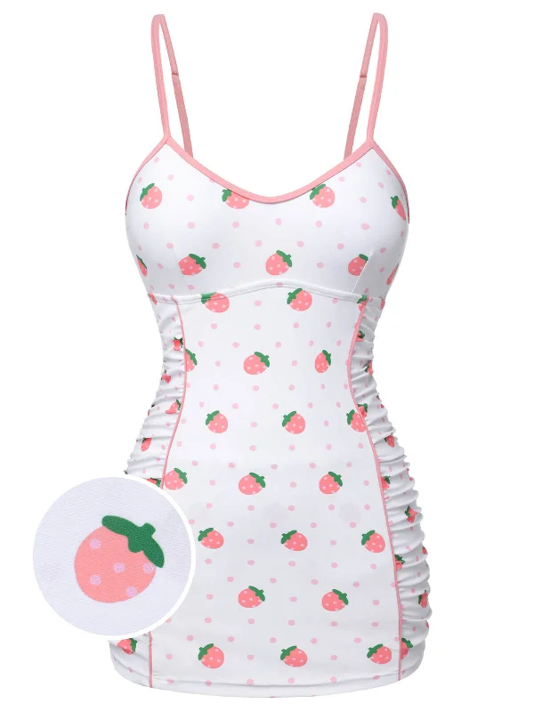 White & Pink 1950s Strawberry Pleated Swimsuit Plus-Size Bikini Set