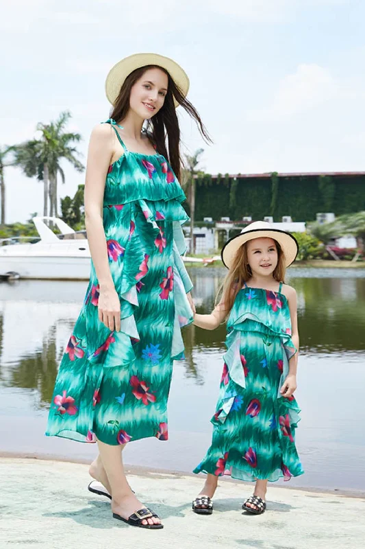 Women Floral Ruffled Dress Mother Daughter Swimwear Cover Up Casual Swim Dress