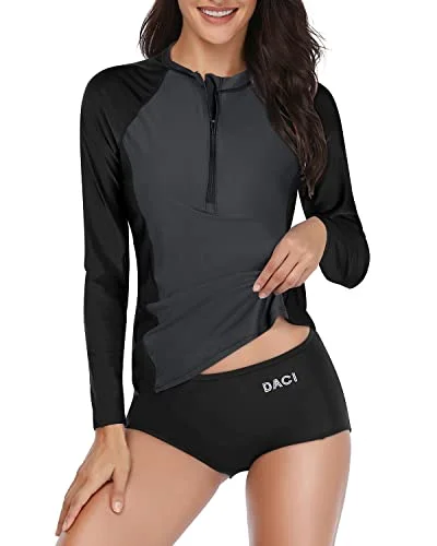 Zipper Front Women's Rash Guard Swimsuit Bottom-Grey And Black Sexy Cutout Swimsuit