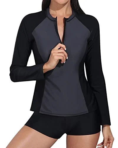 Long Sleeve Rash Guard 2 Piece Swimsuit Zipper For Women-Grey And Black Mesh Swimsuit Top