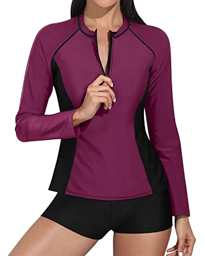 Stylish Women's Long Sleeve Rash Guard Swimwear Boy Shorts-Purple Flirty Ruffle Swimsuit