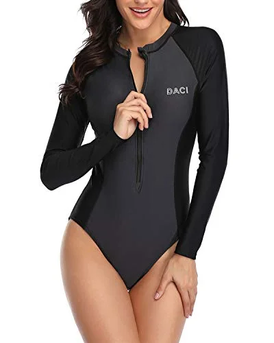 Wakeboarding Women's One Piece Rash Guard Swimwear-Grey And Black Push-Up Swimsuit Top