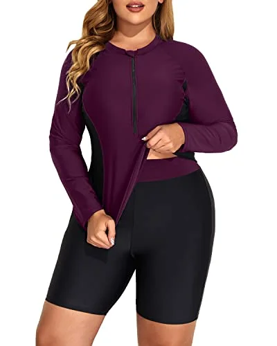 Upf 50+ Rash Guard Tankini Boy Shorts For Women-Purple Trendy Swimwear Set