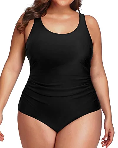 Backless Low Cut Plus Size Sport Swimsuit For Curvy Women-Black Halter Neck Swimsuit