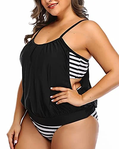 Women's Hide Problem Areas Plus Size Tankini Swimsuits-Black Stripe Beach Ready Swimsuit