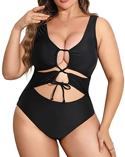 V Neck Plus Size Cutout One Piece Swimsuits For Women-Black Stylish Swimsuit Set