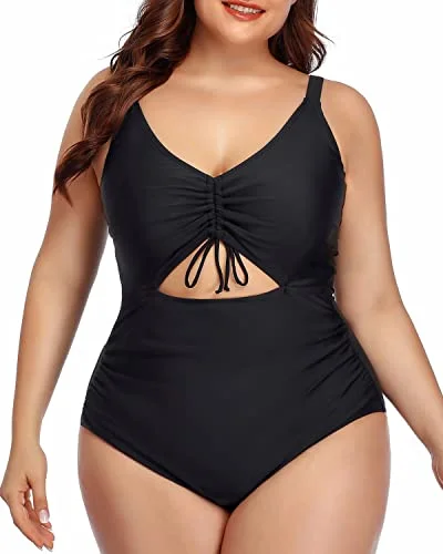 Fashionable V-Neck Cutout One Piece Swimsuit Ruched Bottom-Black Retro Swimwear Style