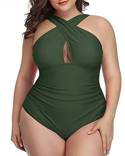 Vintage Floral Plus Size Swimwear One Piece Keyhole-Army Green Minimalist One-Piece