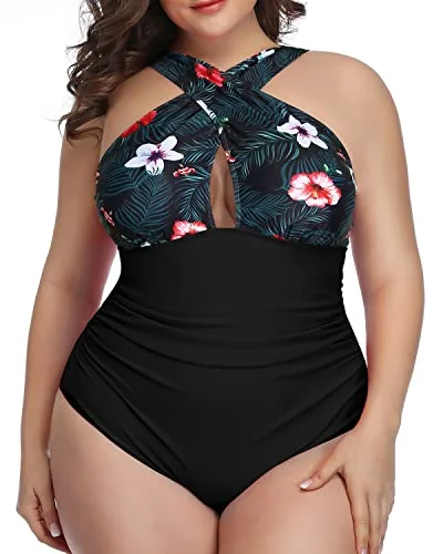 Fashionable Front Cross Tummy Control Swimwear-Black Floral Full Coverage Swimsuit