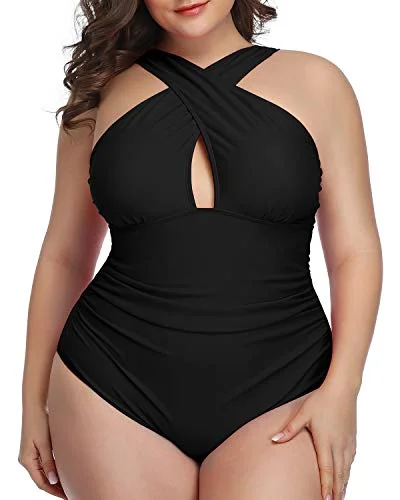 Sexy Tummy Control Front Cross Swimsuits For Women-Black Beachy Ruffle Bikini