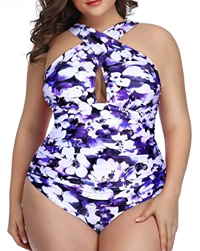 Retro Chic Front Cross Tummy Control One Piece Swimsuits-Purple Floral Mesh Panel Swimwear