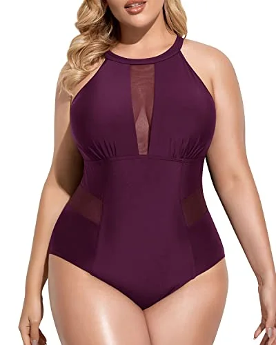 Stylish Open-Back Plus Size One Piece Swimsuit For Curvy Women-Maroon Casual Swim Dress