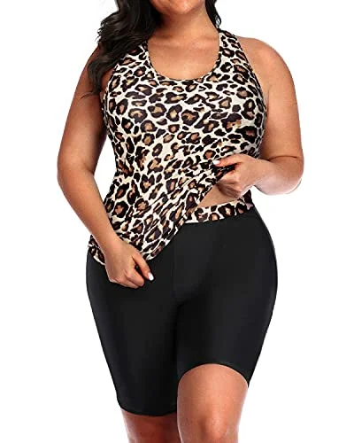 Plus Size Unitard Swimsuit Racerback And Boyshort For Women-Black And Leopard Minimalist One-Piece Plus Size Unitard Swimsuit Racerback And Boyshort For Women-Black And Leopard Minimalist One-Piece