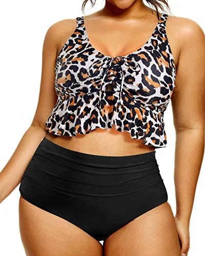 Stylish Two Piece Plus Size Swimsuit Flounce Top-Black And Leopard Button-Front Swimsuit