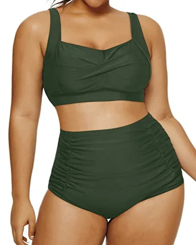 Cute Vintage Style Two Piece Swimsuit Twisted Front Bikini-Army Green Chic Swimsuit Cover-Up