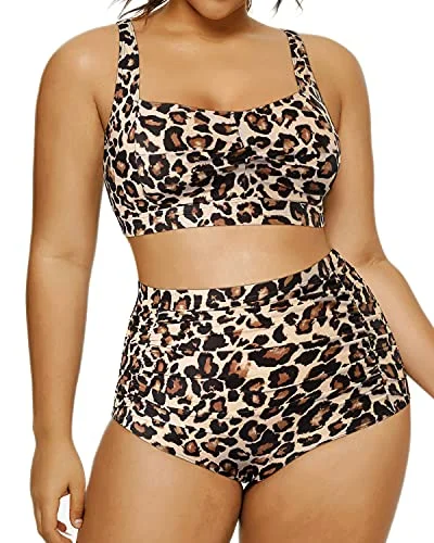 Plus Size Retro Bikini Open Back Two Piece Swimsuit For Curvy Women-Leopard Ruched Swimwear Set