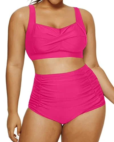 Retro Two Piece Swimsuit Ruched Bottoms Twisted Front Bikini-Neon Pink Retro-Inspired Bikini Set