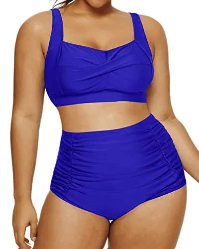 Flattering High Waisted Two Piece Swimsuit Open Back Retro Bikini-Royal Blue Sporty Swim Shorts