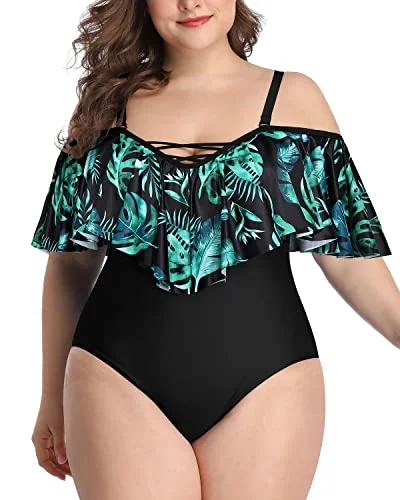 Sexy Lace-Up Off Shoulder One Piece Swimsuits-Black And Green Leaves Classic One-Piece