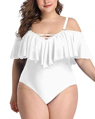 Sexy Lace-Up Plus Size Off The Shoulder Swimwear Removable Straps-White Beachy Ruffle Bikini