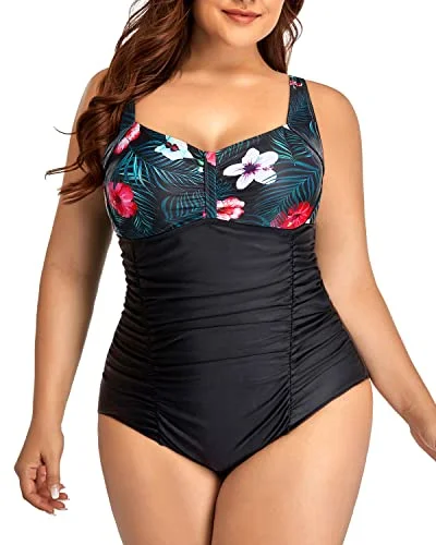 Women's Plus Size One Piece Swimsuits Tummy Control Vintage Ruched Bathing Suits Tie-Back Swimwear