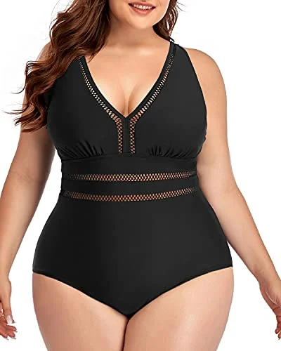 Adjustable Strap Plus Size Backless Swimsuit-Black Retro Swimwear Style