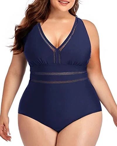 Elegant Full Coverage Plus Size One Piece Backless Swimwear-Navy Blue Sleek Mesh Bikini