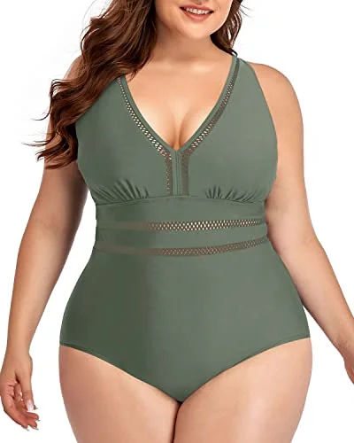 V-Neck Backless See Through Plus Size One Piece Swimwear-Olive Green Adjustable Swim Top