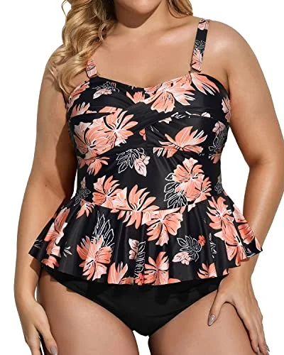 Peplum Twist Front Two Piece Tankini Set-Black Orange Floral Mesh Swimsuit Top