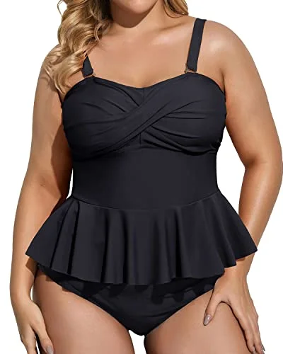 Full Coverage Ruched Two Piece Plus Size Swimsuit For Women-Black Mesh Detail Bikini