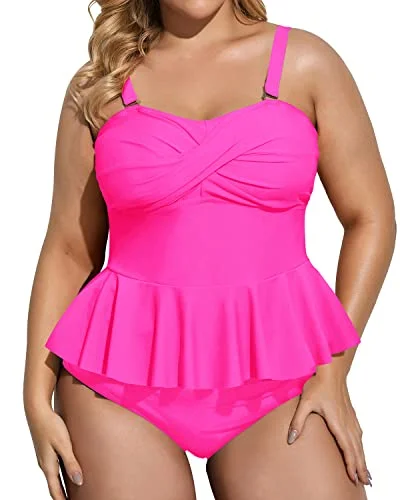 Retro Style Peplum Tankini High Waisted Tummy Control Bottom Plus Size Swimsuit-Neon Pink Elegant Swim Dress