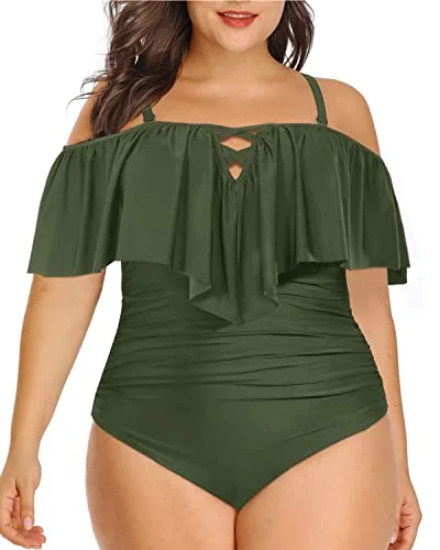 Halter Neck Tummy Control Plus Size One Piece Swimsuits-Army Green Sporty Swim Shorts