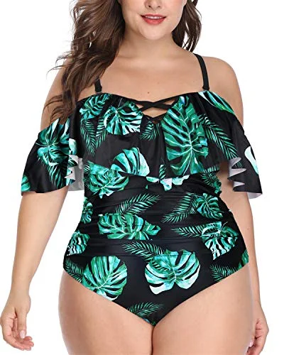 Retro Style Tummy Control Plus Size One Piece Swimsuits-Black And Green Leaf Modern High-Waisted Swimsuit Retro Style Tummy Control Plus Size One Piece Swimsuits-Black And Green Leaf Modern High-Waisted Swimsuit