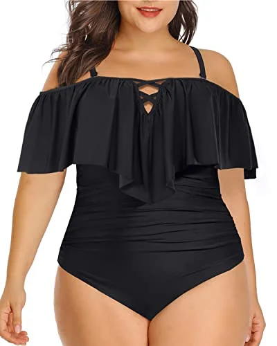 Chic Lace Up Ruffled Plus Size One Piece Swimsuits For Curvy Women-Black High-Waisted Swim Bottoms Chic Lace Up Ruffled Plus Size One Piece Swimsuits For Curvy Women-Black High-Waisted Swim Bottoms