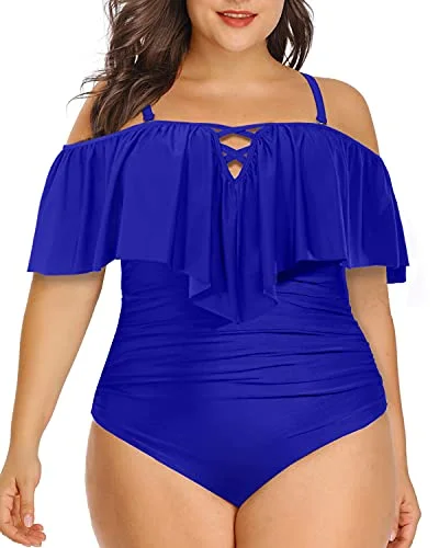 Adjustable Strap Plus Size Ruffled Swimsuit-Royal Blue Floral Swimwear Set