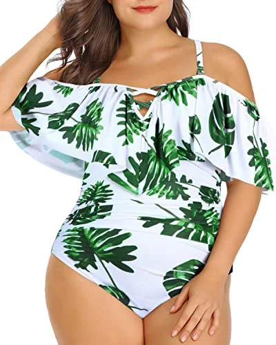 Retro Style Tummy Control Plus Size Ruffled Swimsuit-White Leaf High-Waisted Swim Bottoms Retro Style Tummy Control Plus Size Ruffled Swimsuit-White Leaf High-Waisted Swim Bottoms