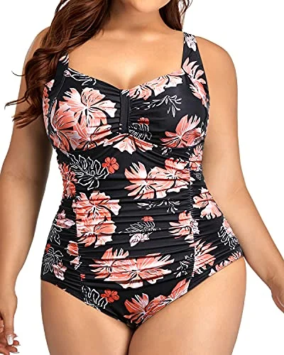 Removable Padded Push Up Bra Swimsuits For Plus Size Women-Black Orange Floral Timeless Black Bikini