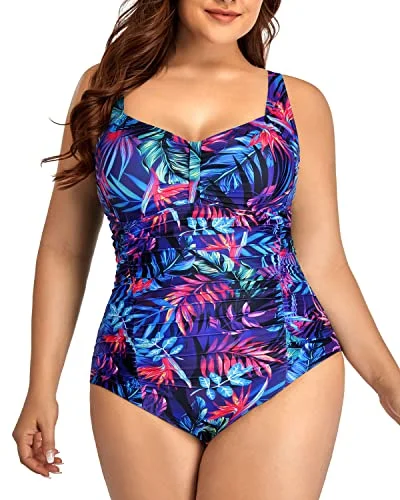 Clasp Hook Closure Retro One Piece Swimsuits For Curvy Women-Blue Leaves Floral Swimwear Set