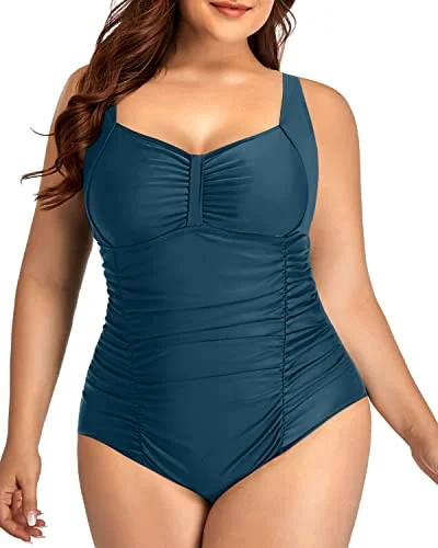 Ruched Front Retro Swimwear For Curvy Women-Teal Stylish Beachwear Set