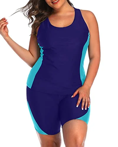 Women's Tummy Control Tankini Boyshorts For Plus Size-Navy Blue Plunge Neckline Swimsuit