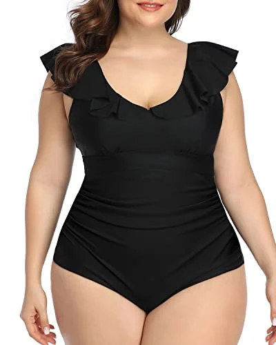 U-Shaped Back Plus Size One Piece Swimsuits For Curvy Women-Black Retro-Inspired Bikini Set