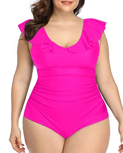 Perfectly Shaping Plus Size One Piece Swimsuits-Neon Pink Swimsuit with Skirt