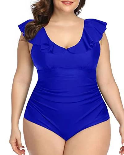 Cute Falbala V-Neck One Piece Swimsuits For Women-Royal Blue Push-Up Bikini Top