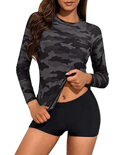 Women's Long Sleeve Two Piece Rash Guard And Boyshort Swimsuit Set-Black Camouflage Elegant Halter Bikini